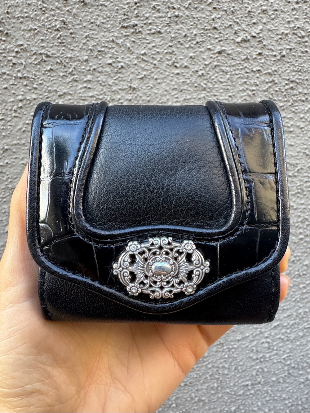 Vintage Brighton Compact Black Leather Wallet with Ornate Emblem